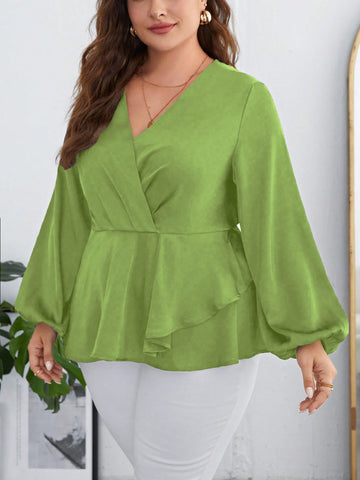 Woochic Haut grande taille en mousseline col en V manches bouffantes cintrée